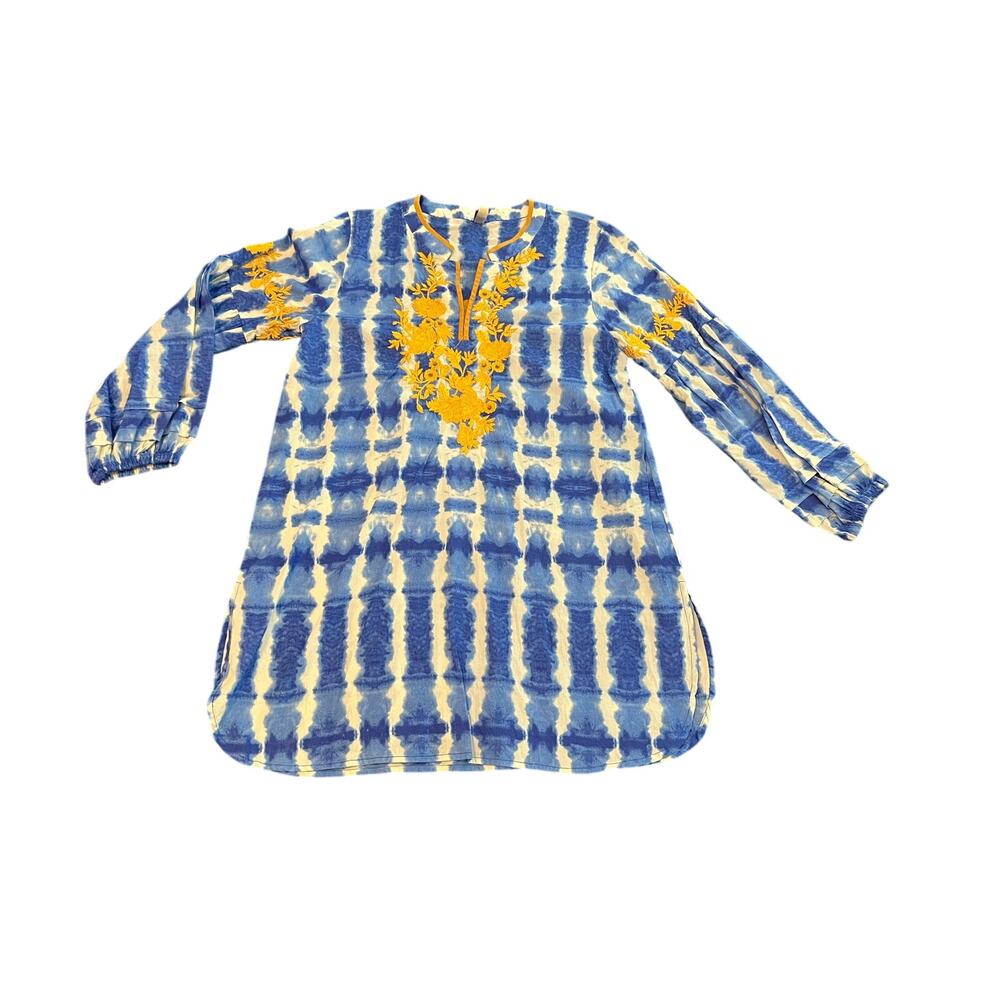 Ethnic Outfitters Fusion Blue Tie Dye Embroidered Tunic Top S